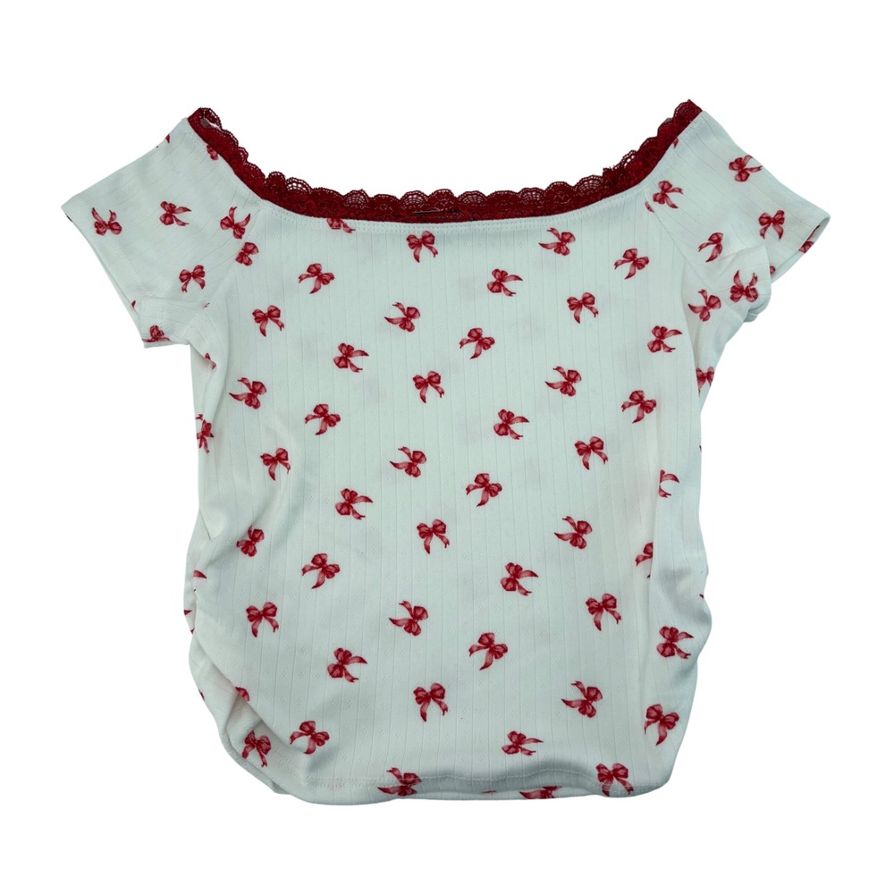 Discreet New York City White Red Bow Print Lace Trim Off Shoulder Top Large